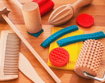 Ferramentas de massinha de modelar de madeira, kit sensorial de massinha de modelar, kit sensorial de massinha de modelar, bandeja montessori de madeira, brinquedos de madeira montessori, ferramentas de massinha de modelar de madeira