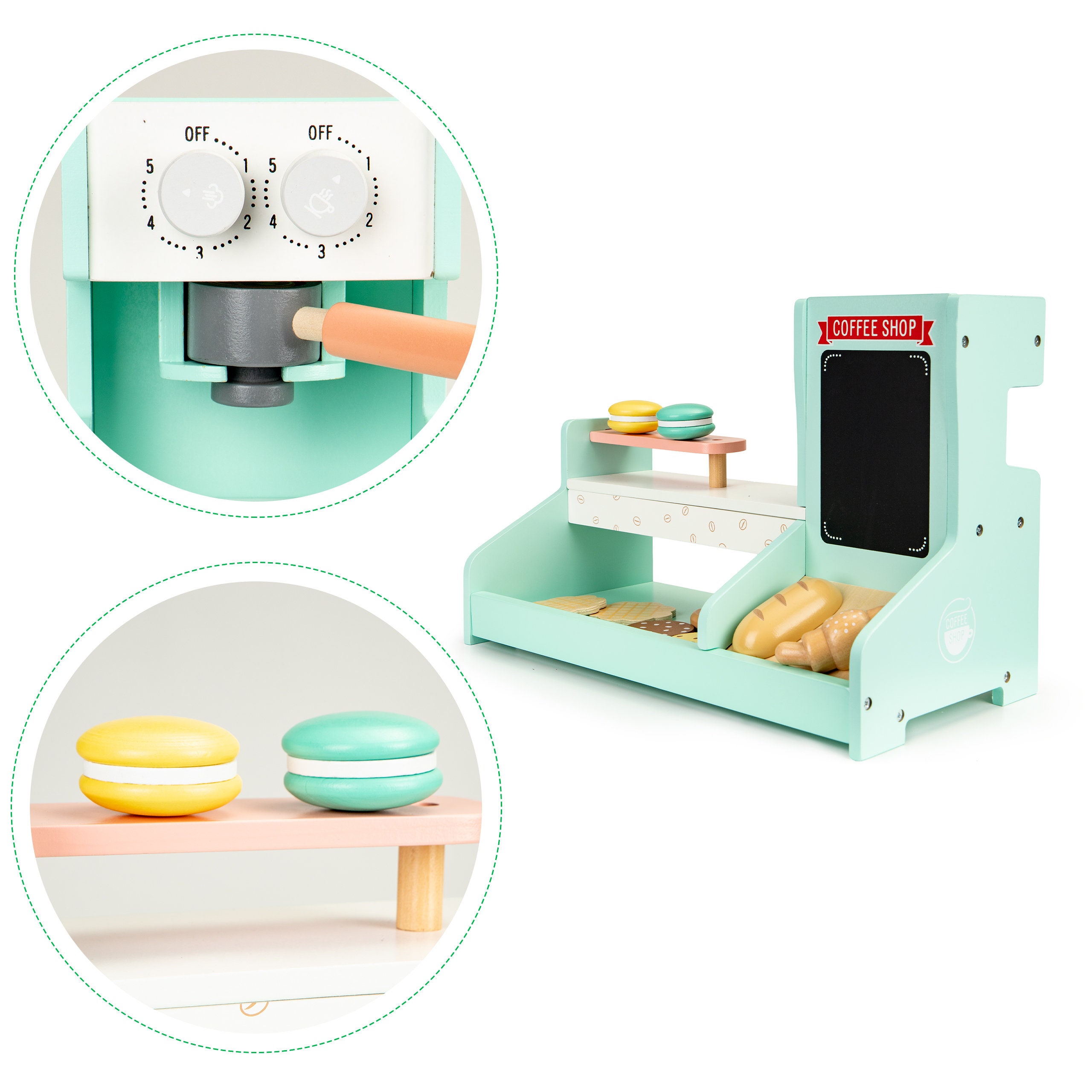 2-in-1 Wooden Coffee Sales Desk Playset, Coffee Maker Set - 24 PCS Bread,  Desserts, Coffee Making Store,Stand Toddler Play Wooden Food Toys
