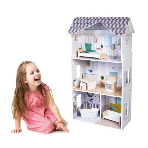 Wooden dollhouse with furniture, gift for 3 shops year old girl, gift for 4 year old girl, gift for 5 year old girl, gift for 6 year old girl