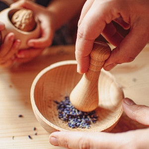 small wooden sensory toy, mortar and pestle for kids, pretend play, make believe