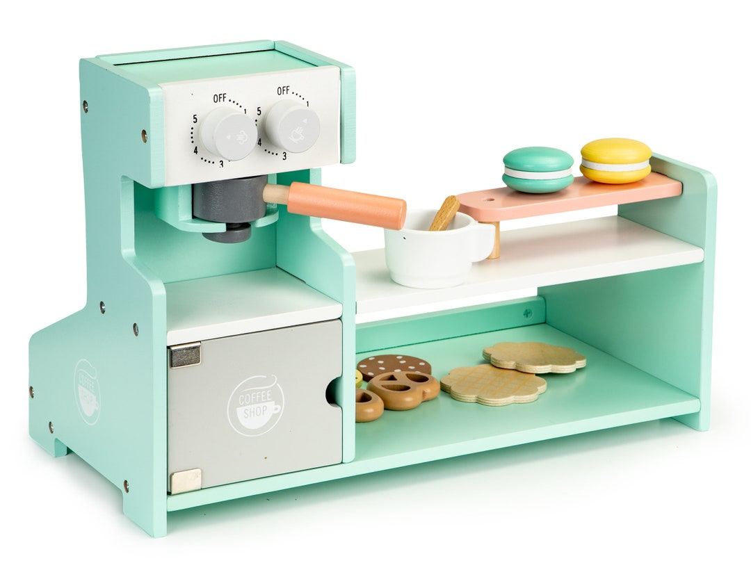 Wooden Coffee Shop Playset, Toy Coffee Machine, Play Coffee Shop, Wooden Tea Set for Kids, Toy