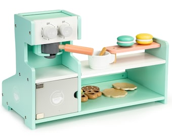 Set de jeu de café en bois, machine à café jouet, café de jeu, service à thé en bois pour enfants, bonbons jouets, biscuits en bois, café fictif