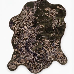 May include: An irregularly shaped rug featuring a dark olive green background with a repeating pattern of leaping leopards and intricate, swirling acanthus leaf motifs in shades of cream, beige, and deep charcoal gray throughout the surface.