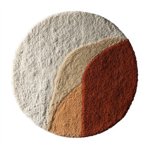 以下が含まれることがあります： テクスチャ加工された表面を持つ丸いラグで、カラーブロックのデザインが特徴です。ラグはオフホワイト、ベージュ、ライトオレンジ、ラストレッドの4つのセクションに分かれています。ラグのデザインはシンプルでモダンです。