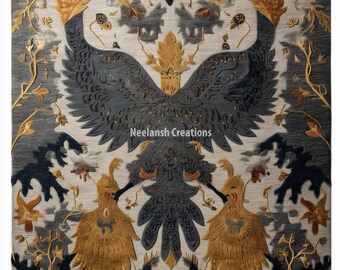 May include: A rectangular rug featuring a central design of a stylized bird with outstretched wings, in shades of grey, gold, and navy blue. The rug has floral and foliate patterns, with the text "Neelansh Creations" at the bottom.