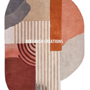 May include: An abstract, oval-shaped rug with a geometric design. The rug features a palette of warm colors, including rust, peach, beige, and gray. Vertical stripes and curved lines create a modern aesthetic. The text "NEELANSH CREATIONS" is visible.