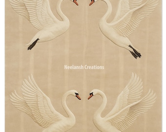 May include: A beige rug with a pattern of four white swans. Each swan has black feet and an orange beak. The text "Neelansh Creations" is printed in the center of the rug.