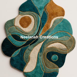May include: An abstract rug with an unusual, organic form. The rug showcases a mix of teal, brown, and beige tones, with gold-coloured outlines defining the design. The text "Neelansh Creations" is visible on the rug.