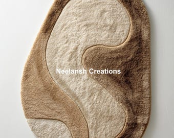 Handmade Wool Nursery Rug 5x8: Soft Beige Brown Irregular Shape
