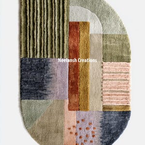 May include: A modern, abstract rug with a half-circle shape. The rug features a variety of colors and textures, including olive green, rust, gold, and lavender. The design incorporates vertical stripes, geometric shapes, and a textured, tufted area. The text "Neelansh Creations" is visible.