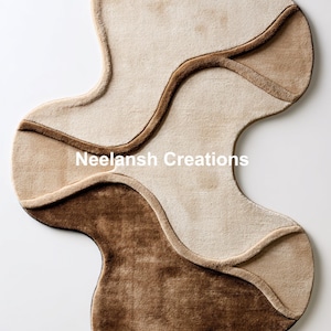 May include: A modern, abstract area rug in shades of brown and beige. The rug features a unique, flowing design with curved lines and varying textures. The text "Neelansh Creations" is visible on the rug.