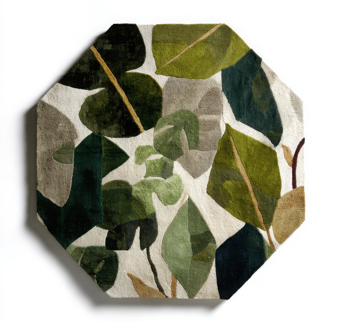 Hand Tufted Octagon Rug - Modern Botanical Leaf Pattern - Sage Green ...
