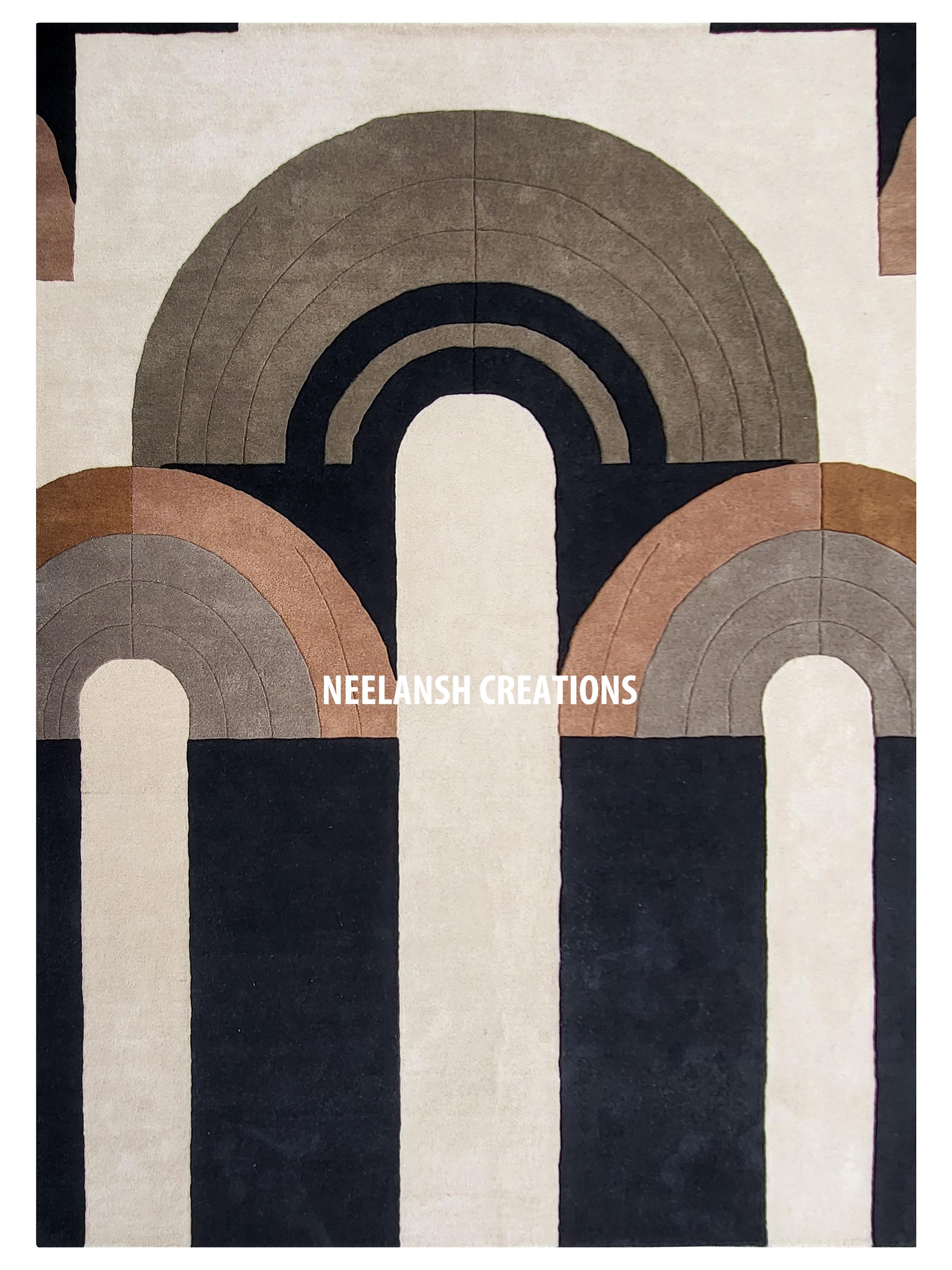 Handmade Wool Area Rug 10x14 - Geometric Arch, Black Brown Modern Decor