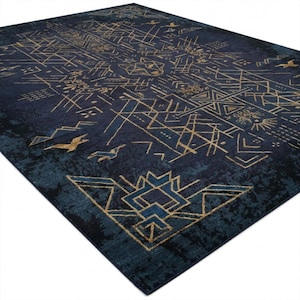 Hand Knotted Wool Rug Navy Blue Gold Wolf Geometric Design Modern Art Carpet Luxury Handknotted Rectangular Area Rug for Living Room Office