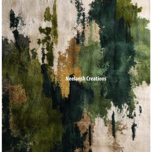 May include: A rectangular rug with an abstract design. The rug features a cream-colored background with overlapping brushstrokes of green, gold, and brown. The text "Neelansh Creations" is in the bottom right corner.