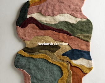 Handmade Abstract Wool Rug 8x10 – Sculpted Freeform, Blush Pink Coral