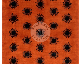 Hand Tufted Wool Rug Burnt Orange Abstract Floral Area Rug, Black Sunburst Boho Modern Carpet, Custom Luxury Large Rust Rug for Living Room