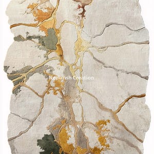 May include: Abstract area rug with a unique, organic design. The rug features a light gray background with flowing, vein-like patterns in shades of gold, brown, and green. The text "Neelansh Creation" is visible.