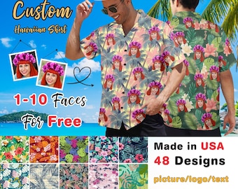 Custom Men's Hawaiian Shirt Personalized Summer Aloha Shirt with Your Photo/Text Tropical Beach Short Sleeve Shirt Unique Gift for Him Fun
