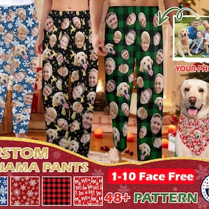 May include: Custom pajama pants with a variety of patterns, including snowflakes, plaid, and a "ho ho ho" design. The pants feature a personalized touch with the option to add up to 10 faces. The image shows a pair of blue pajama pants with a snowflake pattern, a pair of black pajama pants with a face pattern, and a pair of green pajama pants with a plaid pattern.