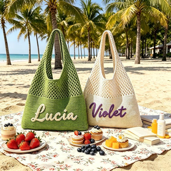 Custom Name Crochet Beach Bag, Personalized Summer Tote for Women, Handmade Vacation Essential