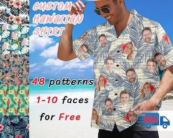 Custom Men's Hawaiian Shirt Personalized Aloha Shirt with Photo Tropical Short Sleeve Button Down Beach Shirt Gift for Him Vacation Outfit
