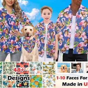 May include: Three Hawaiian shirts with a tropical floral pattern featuring multiple faces. The shirts are blue with pink flowers and green leaves. The text on the image reads "48+ Designs", "1-10 Faces For Free", and "Made in USA".