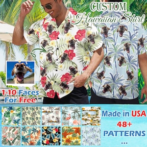 Custom Face Hawaiian Shirts Custom Dog Cat Face Holiday Tropical Pattern Men Shirts Custom Face Shirts Anniversary/Birthday/Vacation Gifts