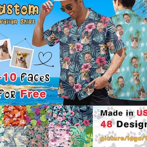 May include: A custom Hawaiian shirt with a tropical print featuring various faces and flowers. The shirt is made in the USA and comes in 48 different designs. You can add your own picture, logo, or text to the shirt.