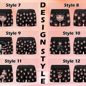 May include: Ten different styles of black boxer shorts with various graphic prints. The prints include faces, text, and a heart. The text includes "Mine", "Love You", and "Moments So Fly".