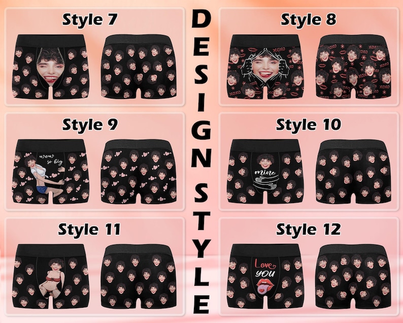 May include: Ten different styles of black boxer shorts with various graphic prints. The prints include faces, text, and a heart. The text includes "Mine", "Love You", and "Moments So Fly".