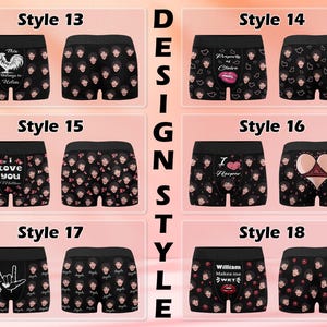 May include: Ten different styles of black boxer shorts with various designs. The designs include a heart with the text "I love you", a heart with the text "I Harper", a heart with the text "William Makes me Sweet", a rooster with the text "This belongs to Helen", and a face pattern.
