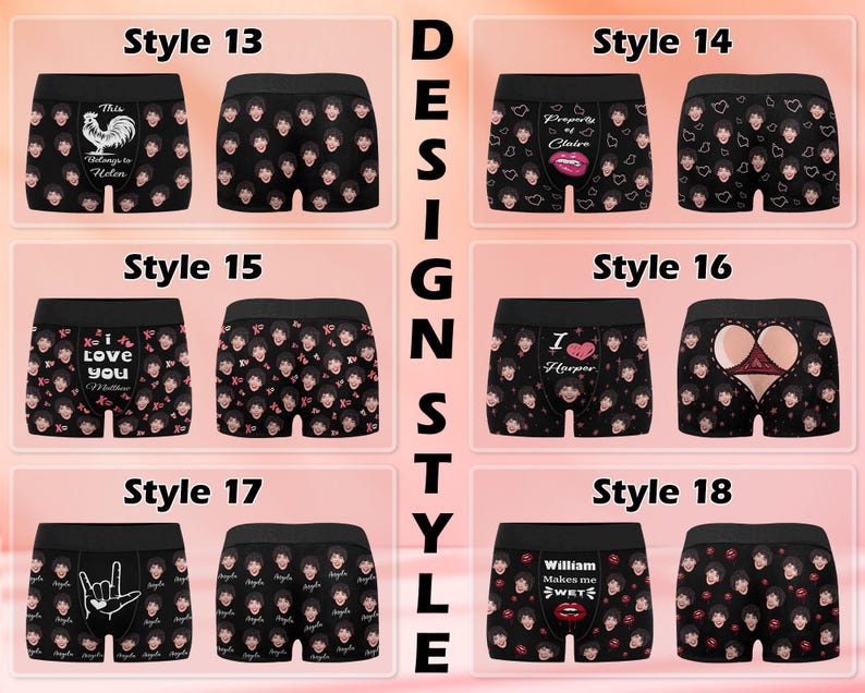 May include: Ten different styles of black boxer shorts with various designs. The designs include a heart with the text "I love you", a heart with the text "I Harper", a heart with the text "William Makes me Sweet", a rooster with the text "This belongs to Helen", and a face pattern.