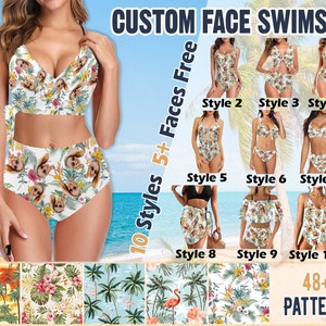May include: A woman wearing a white swimsuit with a floral pattern and a custom face design. The swimsuit is available in 10 styles and 5+ face options. The text "CUSTOM FACE SWIMSUIT" and "10 Styles 5+ Faces Free" are displayed on the image. The image also shows 48+ patterns.