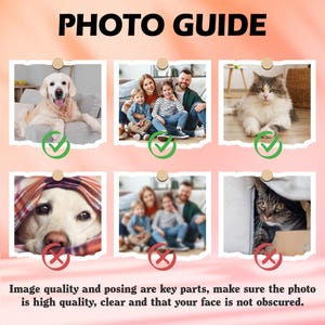 May include: A photo guide with examples of good and bad photos for a custom portrait. The guide shows examples of a dog, a family, and a cat. The good photos are clear and well-lit, while the bad photos are blurry or have the subject's face obscured.