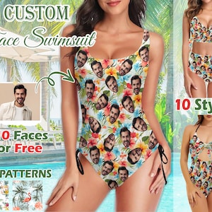 May include: A custom swimsuit with a tropical floral pattern and multiple faces printed on it. The text "Custom Face Swimsuit" is at the top of the image. The text "1-10 Faces For Free" is at the bottom left of the image. The text "48+ Patterns" is at the bottom right of the image.