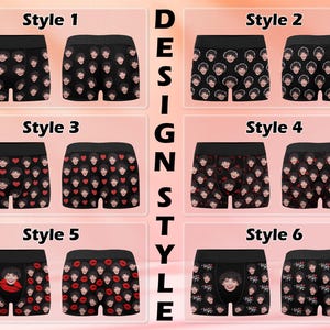 May include: Six different styles of underwear with various patterns. The patterns include a repeated image of a person's face, hearts, and lips. The underwear is black with a white elastic waistband. The text "Style 1", "Style 2", "Style 3", "Style 4", "Style 5", and "Style 6" is displayed above each style of underwear.