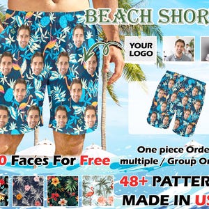 May include: Blue beach shorts featuring a repeating pattern of tropical leaves, pink flamingos, and a custom face print. The design includes text reading BEACH SHORTS, YOUR LOGO, 1-10 Faces For Free, One piece Order multiple / Group Orders, 48+ PATTERNS, MADE IN USA.
