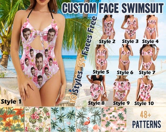 May include: A pink swimsuit with a variety of patterns and designs. The swimsuit features a custom face design, allowing you to personalize it with your own image. The image shows 10 different styles of swimsuits, with 5+ face options and 48+ patterns to choose from.