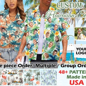 May include: Two custom Hawaiian shirts with tropical patterns and faces printed on them. The text "CUSTOM Hawaiian Shirt" is at the top of the image. The text "YOUR LOGO" is in a white rectangle at the bottom of the image. The text "One piece Order/ Multiple/ Group Orders" is below the logo. The text "48+ PATTERNS Made in USA" is at the bottom right of the image.