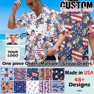 May include: A custom Hawaiian shirt with a red, white, and blue American flag pattern. The shirt features a variety of faces printed on it. The text "CUSTOM Hawaiian Shirt" is at the top of the image. The text "One piece Order/ Multiple/ Group Orders" is below the shirt. The text "Made in USA 48+ Designs" is at the bottom of the image.
