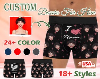 May include: Customizable boxer shorts with a black background and a repeating pattern of faces. The text "I Harper" is printed in white on the front of the boxers. The boxers are available in 24+ colors and 18+ styles.