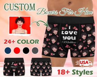 May include: Customizable black boxer shorts with a repeating pattern of faces and the text "XO I love you Matthew XO". The text is in a white font with pink hearts. The boxers are available in 24+ colors and 18+ styles.