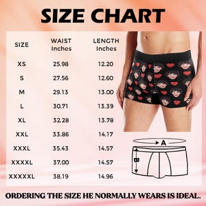 May include: Size chart for underwear with measurements in inches for waist and length. Sizes range from XS to XXXXXL.  The chart includes a diagram of the underwear with labels for waist and length.