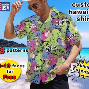Custom Pet Photo Hawaiian Shirt for Men – Personalized Dog or Cat Face & Name – Fun Father’s Day Gift for Pet Dads – Tropical Summer Outfit