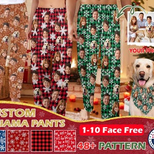 May include: Three pairs of custom pajama pants with different patterns. The patterns include a brown snowflake pattern, a red and black plaid pattern, and a green snowflake pattern. The pants are made with a soft, comfortable fabric and are perfect for lounging around the house. 1-10 Face Free 48+ Patterns
