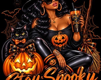 Stay Spooky Halloween Art: Witch, Cat, Pumpkin, Trick or Treat (Digital Download)