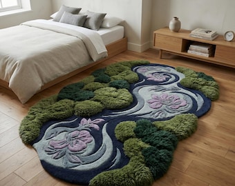 Könnte beinhalten: Ein einzigartiger, unregelmäßig geformter Teppich mit einem von der Natur inspirierten Design. Der Teppich hat eine dunkelblaue Basis mit einem fließenden Flussmuster in Grau- und Hellblautönen. Grüne und moosartige Bereiche umgeben den Fluss, mit rosa floralen Akzenten.