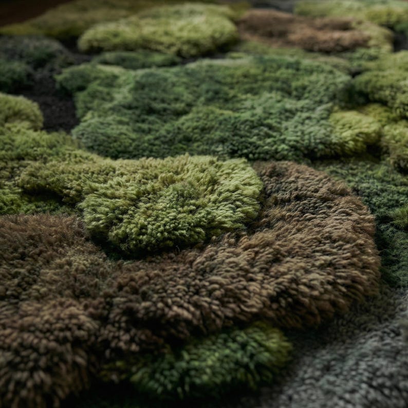 Moss Green Abstract Wool Rug, Irregular Hand Tufted 3d Forest Nature ...