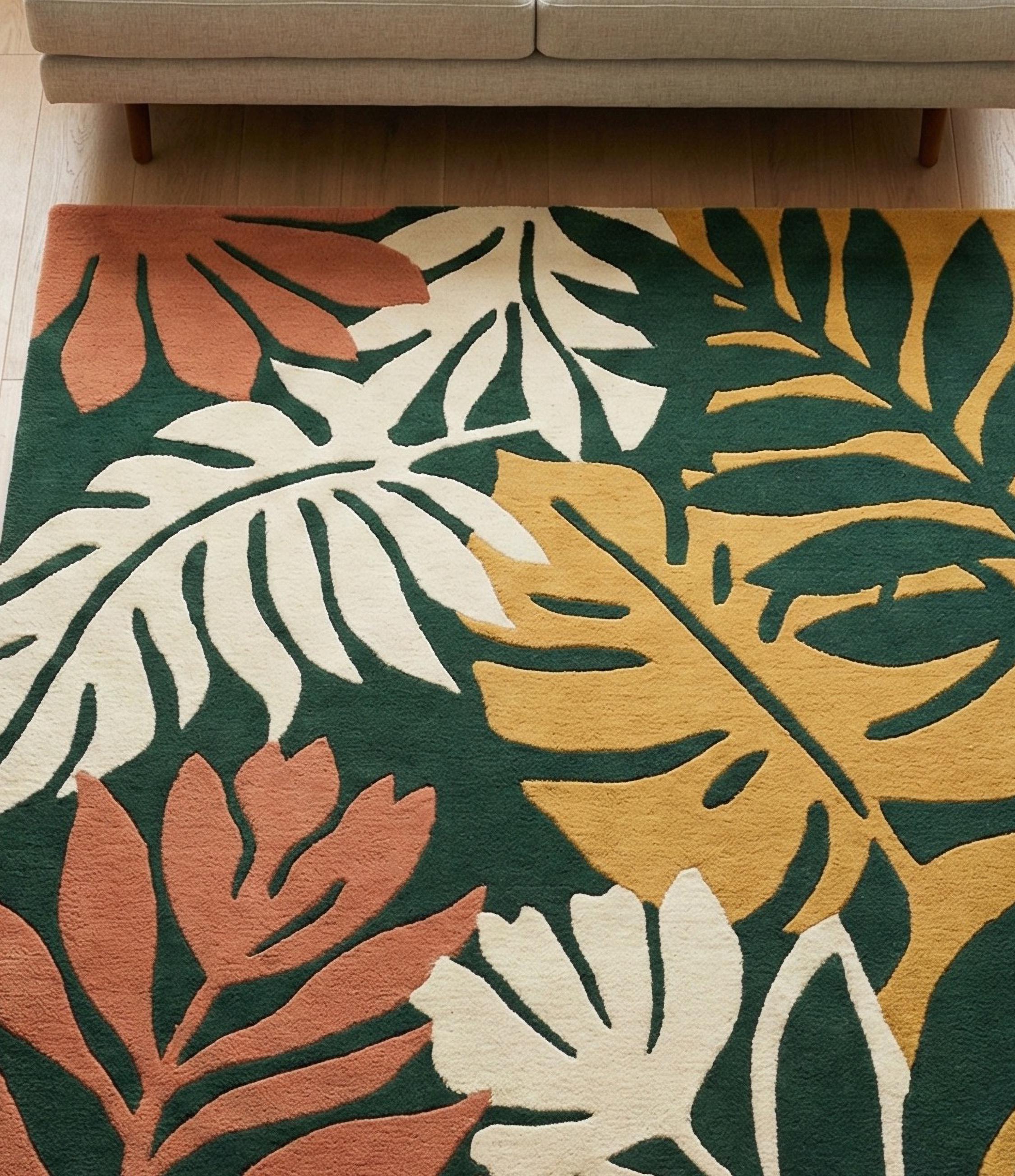 Forest Green Botanical Hand Tufted Rug, Modern Leaf Wool Area Rugs for ...